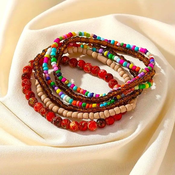 Bracelets 6 Seed Bead Glass Stretchy Boho Stylish Surfer Trendy colorful Fun NEW - Picture 3 of 5